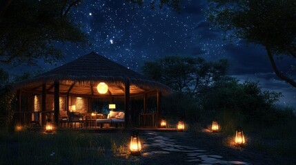 A Cozy, Illuminated Hut in the Forest at Night