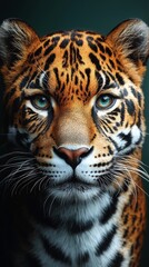 Obraz premium This compelling image displays a detailed portrait of a jaguar, emphasizing its facial features and distinctively spotted fur.
