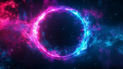 Fototapeta premium Glowing shiny reflective neon electric light round Empty frame with cosmos dark background
