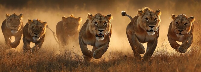 A Pride of Lions Running Through Tall Grass in the Golden Hour