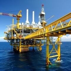Fototapeta premium Offshore Oil Rig. Platform Drilling at Deep Sea on a Sunny Day. Business and Environment Concept.