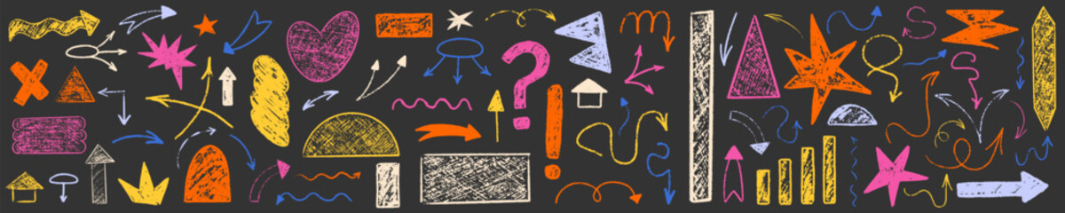 Hand drawn arrow and shape scribble crayon set. Squiggle, scratch doodle kid arrow star set. Crayon scratch texture shape children kid naive. Vector illustration