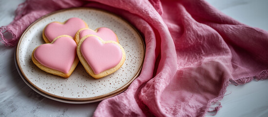 Lux simple plain blank pink love heart cookies plate Valentine Day romance dessert icing sweet treat Galentine anniversary celebration love holiday mockup banner copy space campaign baker baking ad