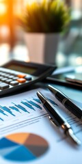 Fototapeta premium Business plan documents with financial projections and a calculator, focus on profitability
