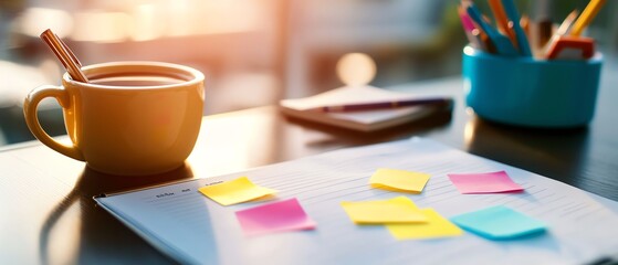Business plan template on a desk with sticky notes and coffee, planning session
