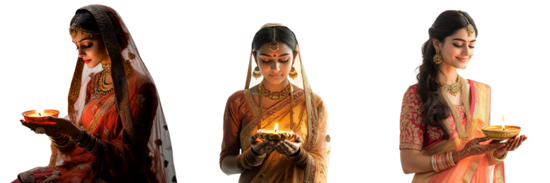 Set of A woman in traditional Indian attire holding a lit diya isolated on transparent background  (4)