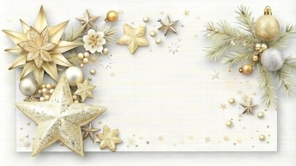 Elegant Christmas decorations with golden stars and ornaments on a textured background, holiday greeting concept