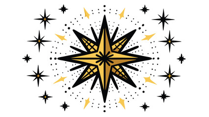 A hand drawn illustration of a large golden star surrounded by smaller black stars and gold glitter.