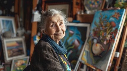 Obraz premium Medium close-up of an elderly woman surrounded by her art collection, with a warm smile, reflecting on her lifeâs work.