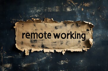 Remote working message written on ripped cardboard paper with black background. Conceptual remote working symbol. Copy space