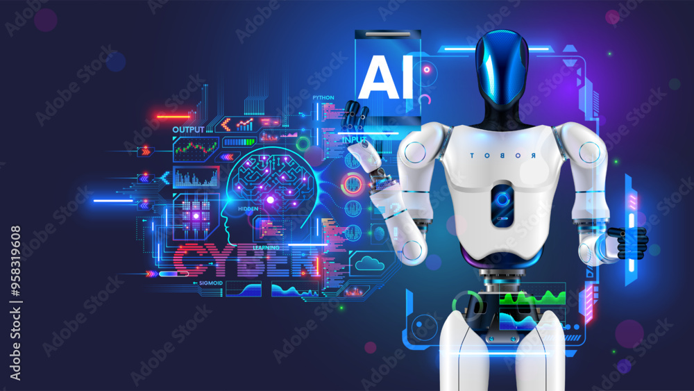 Poster AI or artificial intelligence control mechanical humanoid anthropomorphic robot. Artificial neural network learning control robotic body. Robot with HUD interface of setting AI. Futuristic AI robot.