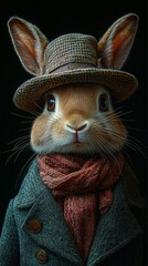 A sophisticated rabbit dressed in a tweed hat and wool coat, exuding charm against a dark backdrop.