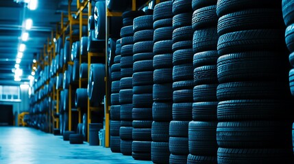 Warehouse with stacks of tires