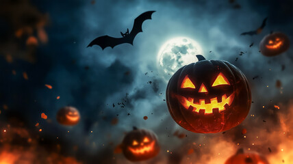 Obraz premium Flying jack-o-lanterns and bats in a spooky night sky with full moon