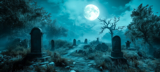 Misty graveyard with tombstones under a glowing full moon