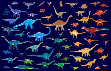 Color prehistoric dinosaurs vector background. Cartoon cute dino animals characters, jurassic dinosaurs and pterosaurs. Funny tyrannosaurus rex, triceratops, brachiosaurus and brontosaurus personages © Vector Tradition
