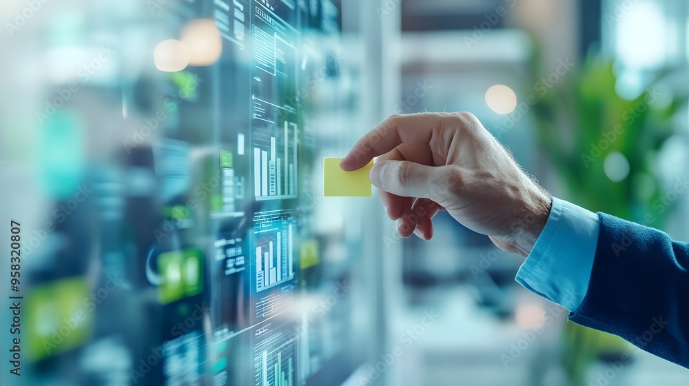 Poster businessman analyzing data on large screen