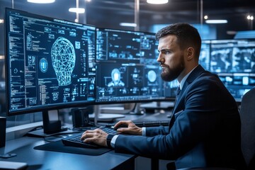 Cybersecurity Professional Analyzing Data on Multiple Monitors in Security Operations Center.