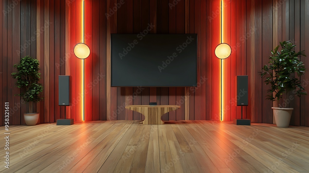 Poster neon rainbow lights above wooden platform