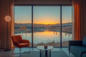 Modern Living Room with Lake View at Sunset