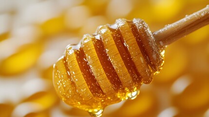 Honey Dripping from a Golden Dipper Showcasing its Viscous and Sticky Texture