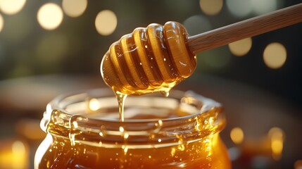 Rustic Wooden Dipper Dipped in Honey with Flowing Strands