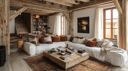 A cozy loft living room with rustic charm, featuring reclaimed wood beams, a mix of warm-toned textiles, and soft, golden lighting from vintage floor lamps,