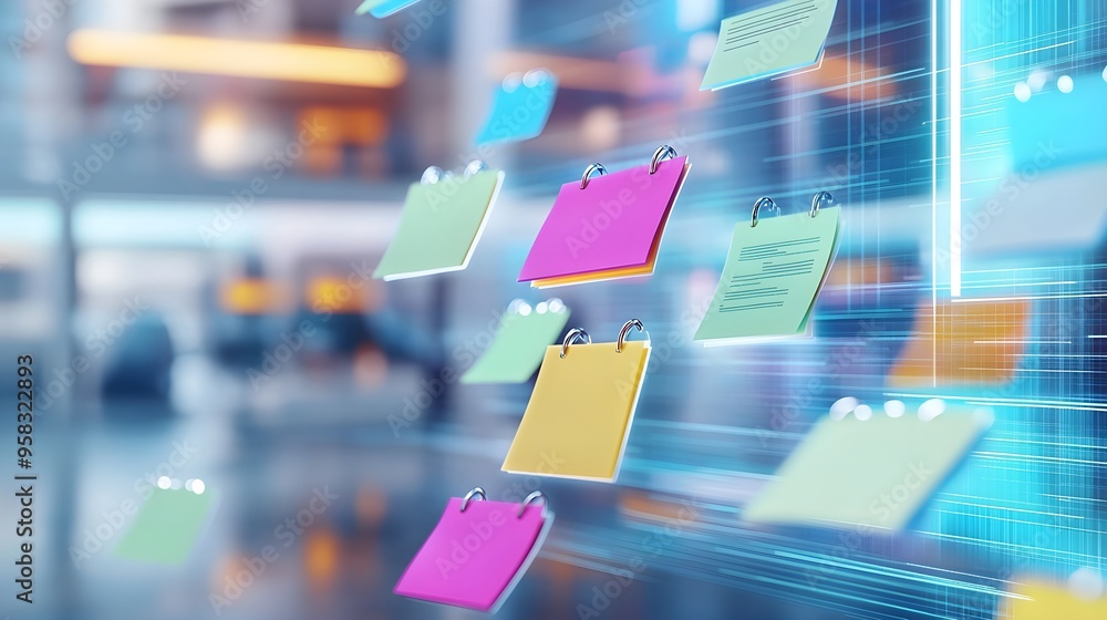 Poster colorful notes floating on blue grid background