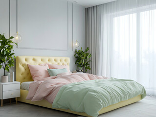 Minimalist, mid-century modern interiors in bedrooms with comfortable beds and windows. Generative AI
