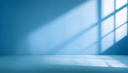 Abstract blue studio background for product presentation. Empty room with shadows of window. 3d room with copy space. Blurred backdrop.
