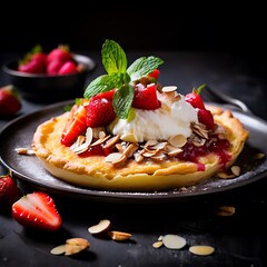Fresh delicious dutch baby pancake with powdered sugar, fresh berries and mint for breakfast