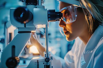 Scientist wearing goggles uses a microscope. Laboratory setting with advanced scientific equipment. Research and innovation in progress.