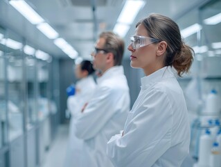 Obraz premium Scientists in protective gear working attentively in a modern laboratory, conducting research and experiments for scientific advancements.