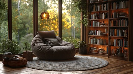 A cozy nook in a loft living room featuring a plush armchair, warm ambient lighting, and a large wooden bookshelf filled with books,