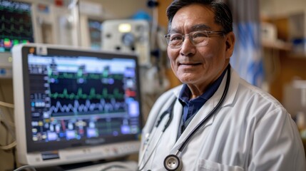 Fototapeta premium Smiling doctor in hospital setting with medical equipment and monitor, exemplifying healthcare and professionalism.