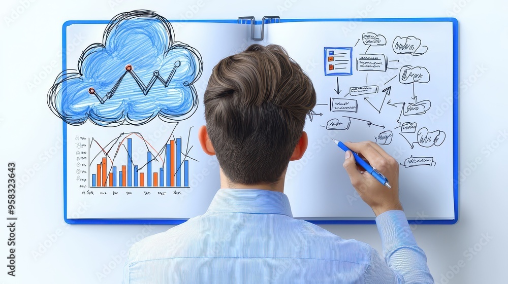 Poster a professional analyzing data trends, cloud computing visuals, and charts while drawing insights on 