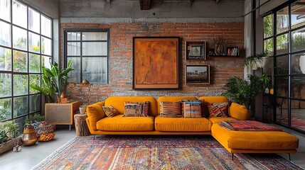 A lively eclectic loft living room with a mix of furniture styles, vibrant color palette, and unique decor pieces, featuring bold artwork, colorful cushions,