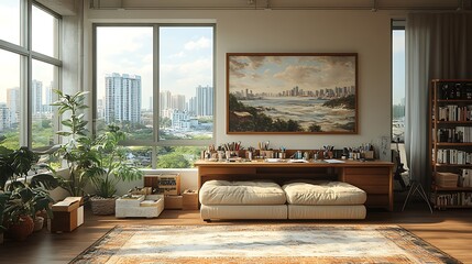 A loft living room creatively transformed into a workspace, featuring a large desk with art supplies, a comfortable sofa, and large windows providing plenty of natural light,
