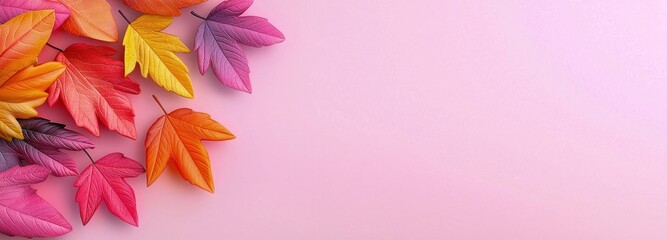 Fototapeta premium Colorful autumn leaves on a soft pink background, perfect for seasonal designs and artistic projects.