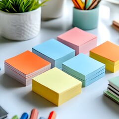 Fototapeta premium Colorful Sticky Note Pads on White Desk, Office Supplies