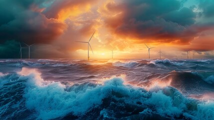 Fototapeta premium A picturesque sunset scene at an offshore wind farm with turbines in the sea, birds in the sky, colorful sunset hues, and crashing waves.