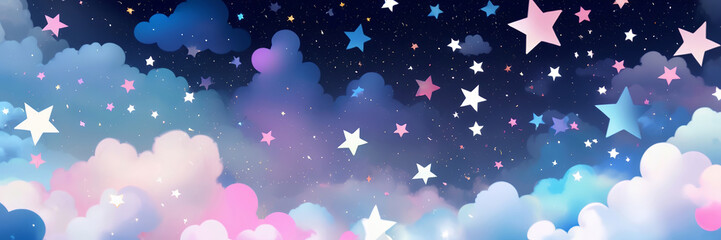 Fototapeta premium 3D Stars glittering across the night sky with soft, dreamy clouds creating a serene, nighttime atmosphere. Made with Generative AI Technology