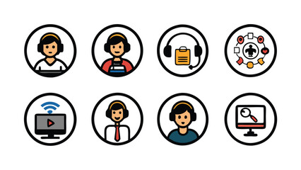 Set of online support assistance icons in vector format.