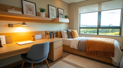 Modern bedroom with a desk and a view.