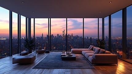 Fototapeta premium A luxurious loft living room with floor-to-ceiling windows offering a breathtaking view of the city skyline at dusk,