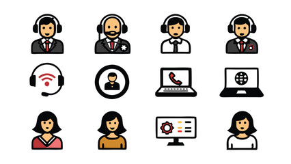 Set of colorful vector icons for online customer service, support, assistance, help, and technical support.