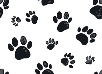 Fototapeta premium Seamless pattern of black dog paw prints on a white background