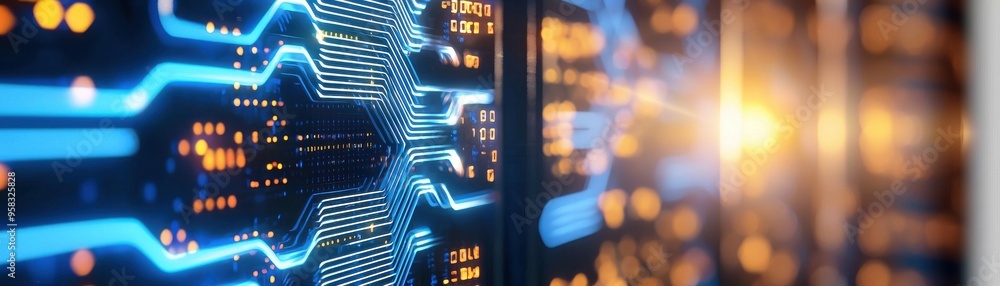 Poster modern server technology with glowing lights, illustrating digital data processing and innovation.