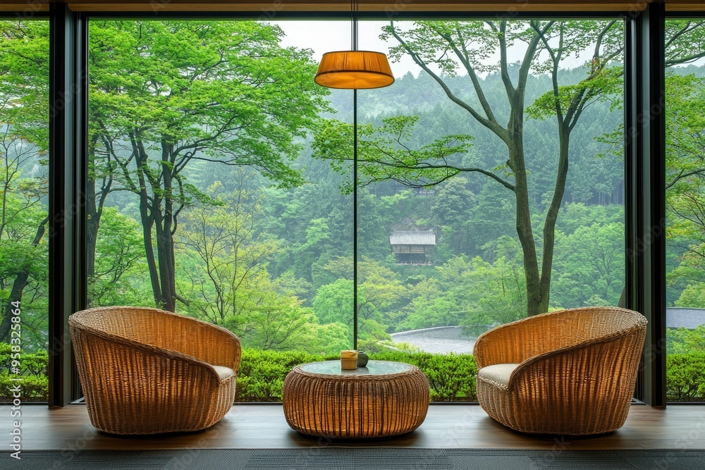 Poster two wicker chairs and a table in front of a window with a view of a lush green forest