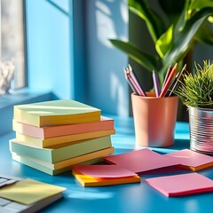 Colorful Sticky Notes on Blue Desk, Office Supplies